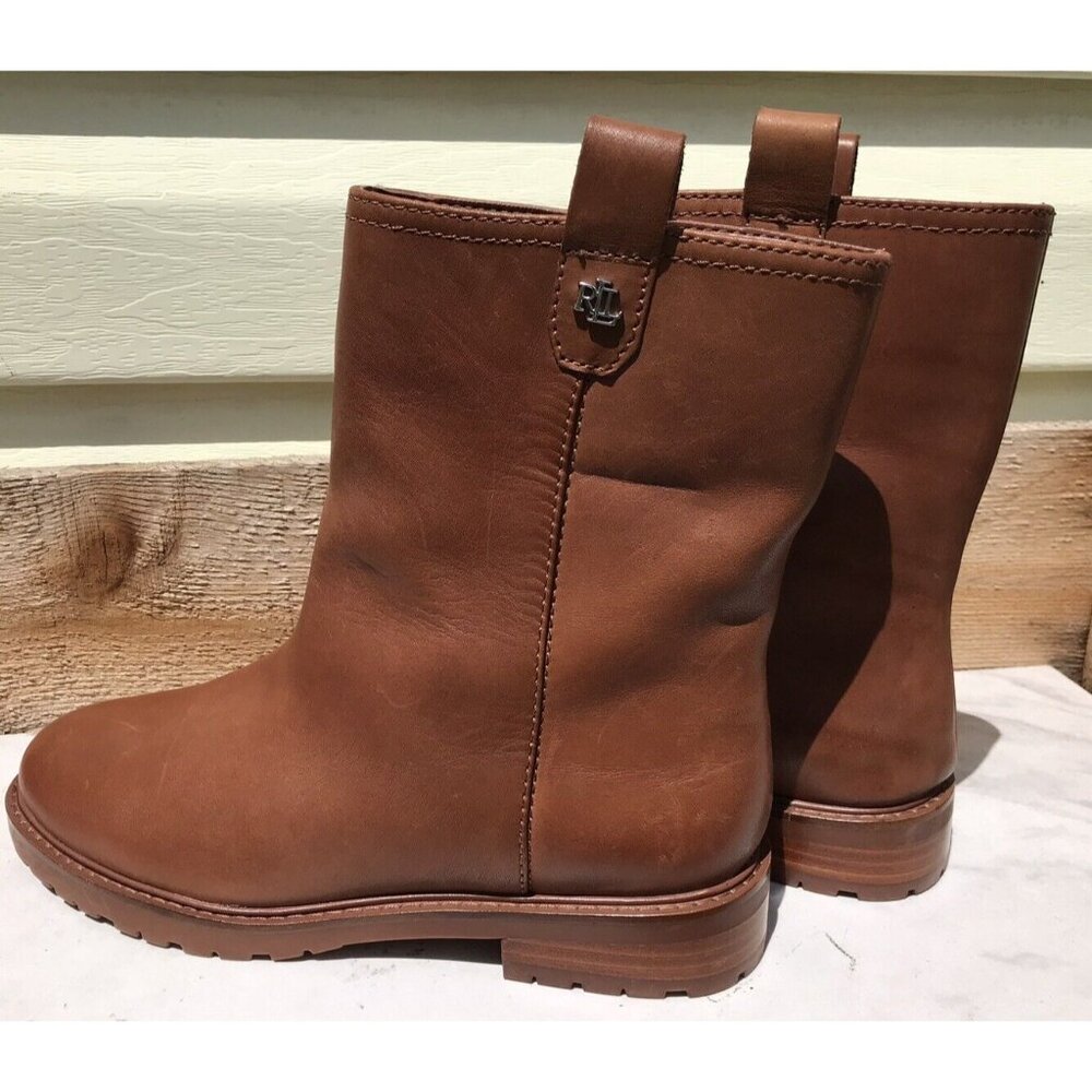 Ralph Lauren Evelynn Brown Short Slip On Logo Leather Boots Women's 8 39 - Picture 2 of 13